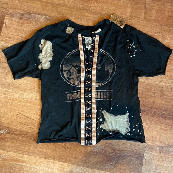 Rugged Gypsy Black Motorcycle Born to Ride Bleached Corset Style Oversized T XS - Picture 2 of 5